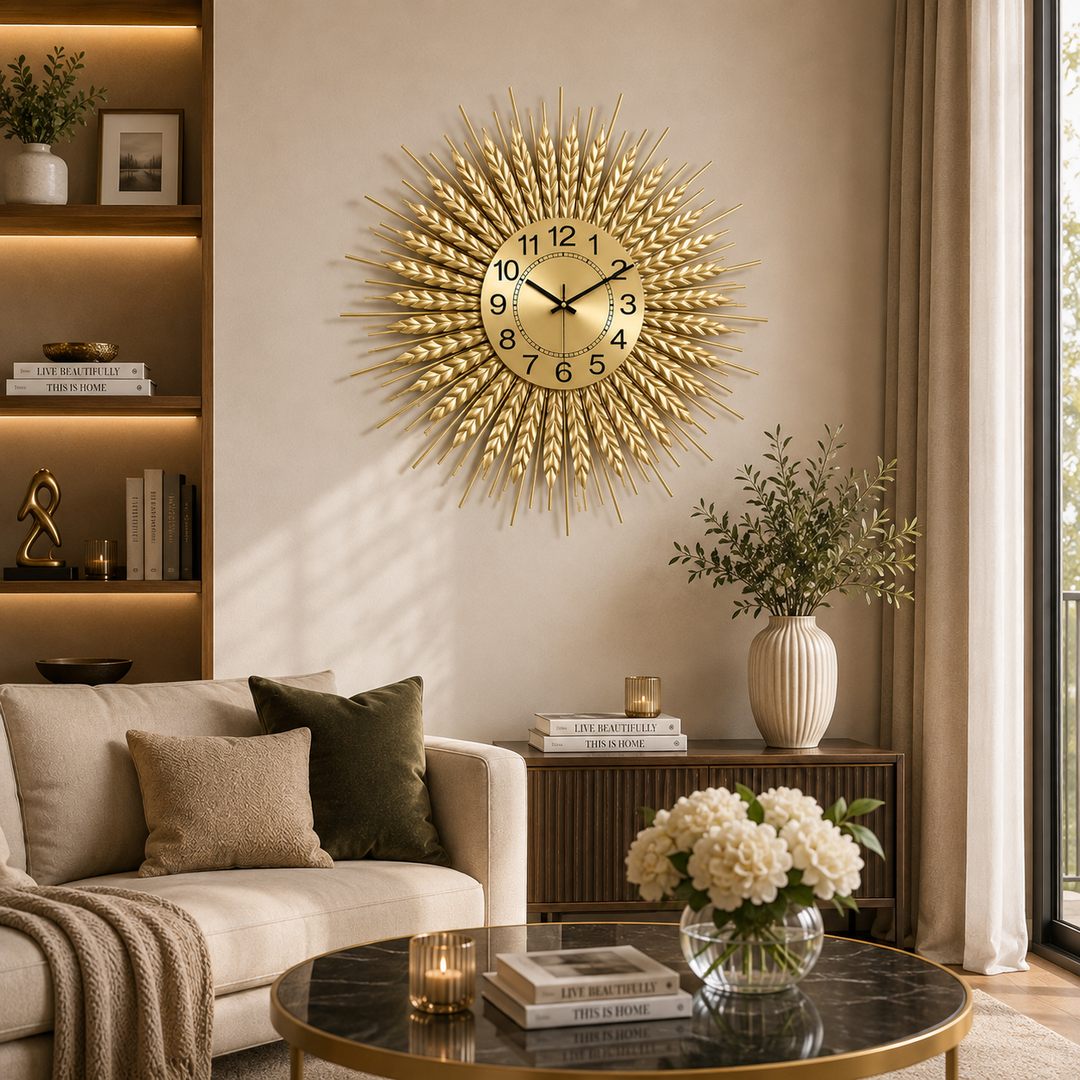 Horloge Murale Soleil – Design Doré Raffiné