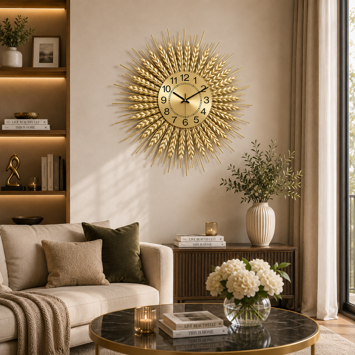 Horloge Murale Soleil – Design Doré Raffiné