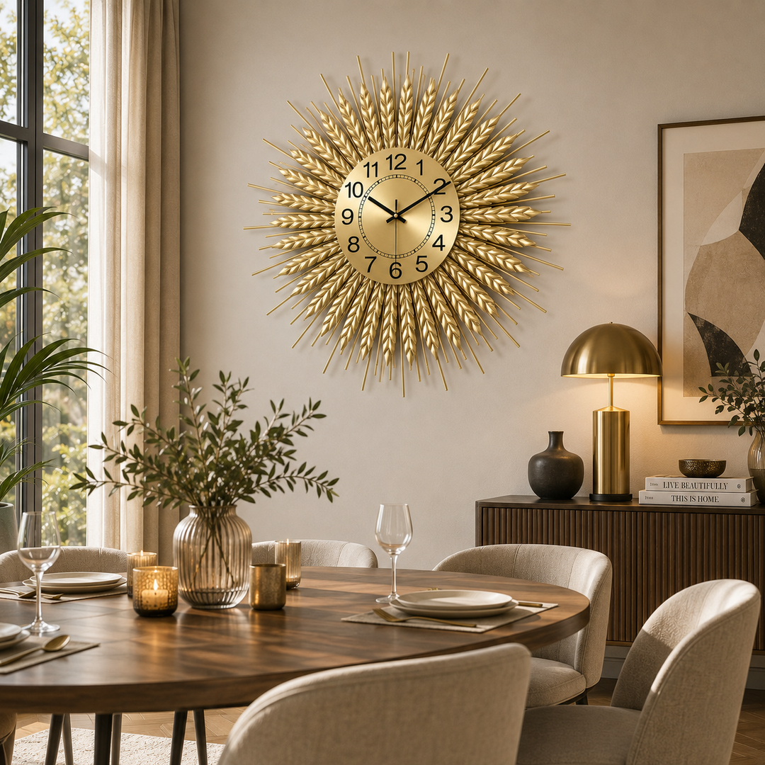 Horloge Murale Soleil – Design Doré Raffiné