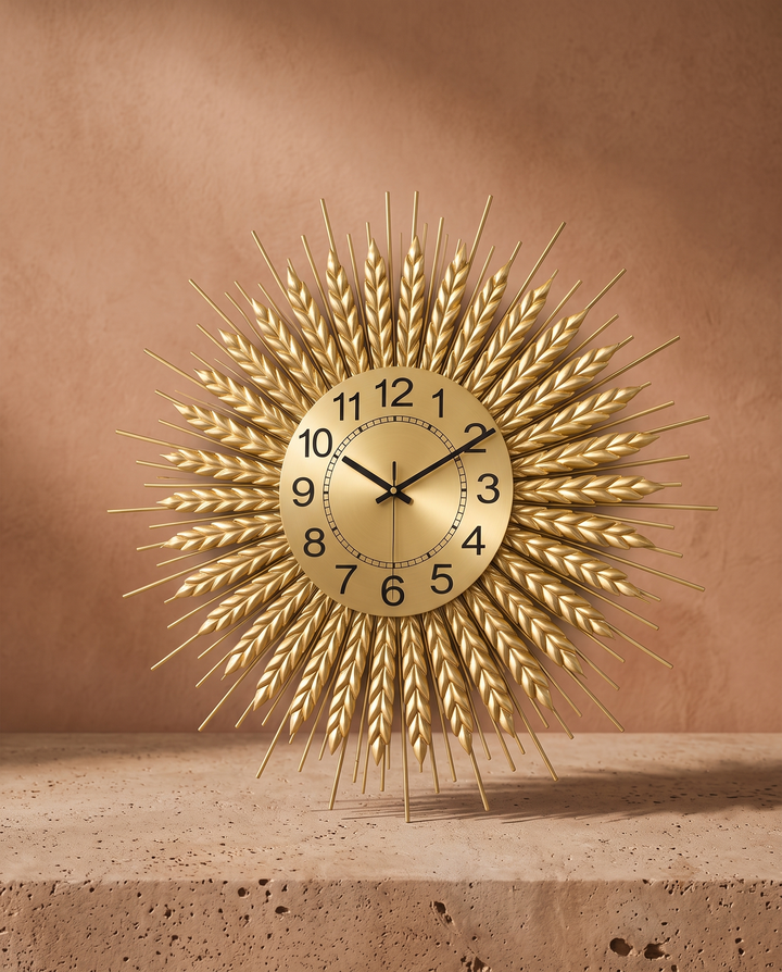 Horloge Murale Soleil – Design Doré Raffiné