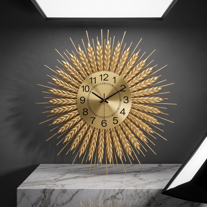 Horloge Murale Soleil – Design Doré Raffiné