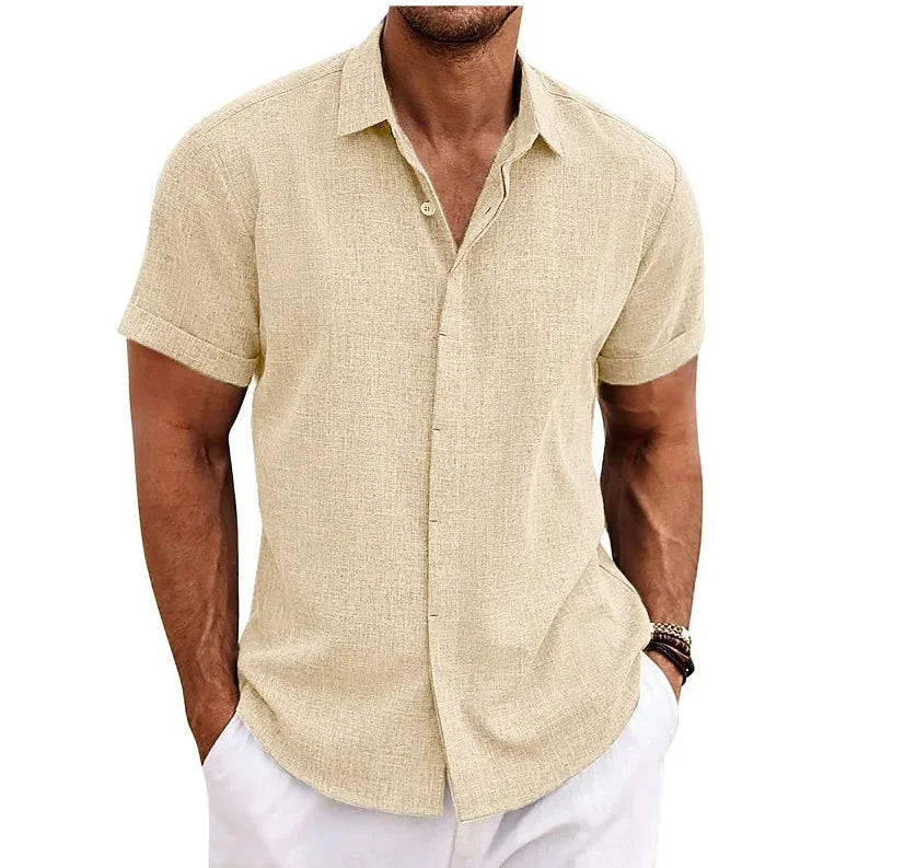 Chemise à manches courtes en coton et lin respirants pour homme